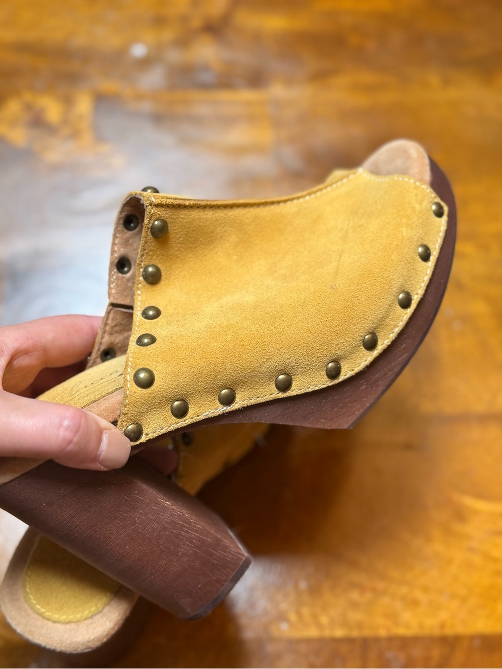 Seychelles Mustard Suede Studded Mule Heel